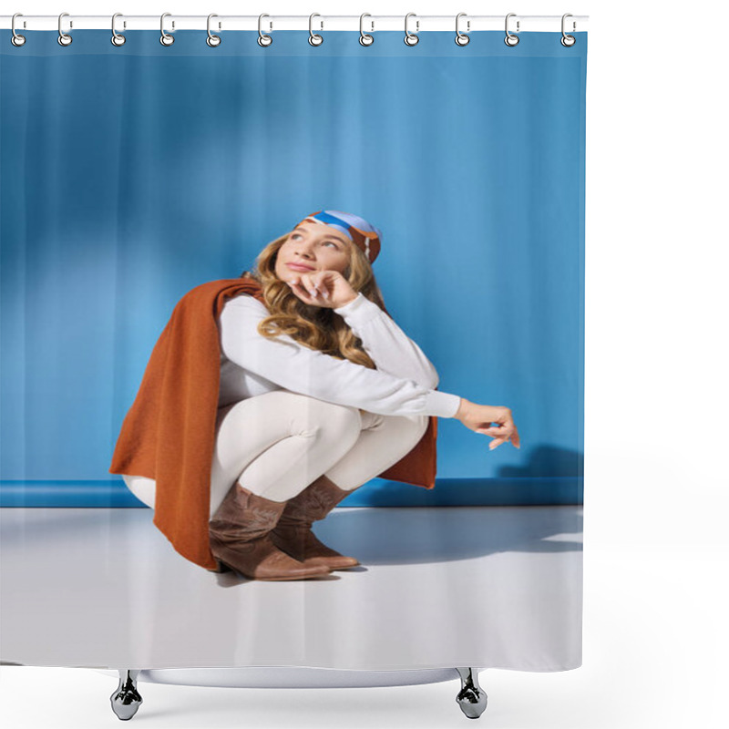 Personality  A Stylish Plus Size Woman Squats Against A Bright Blue Wall, Showcasing Her Outfit. Shower Curtains