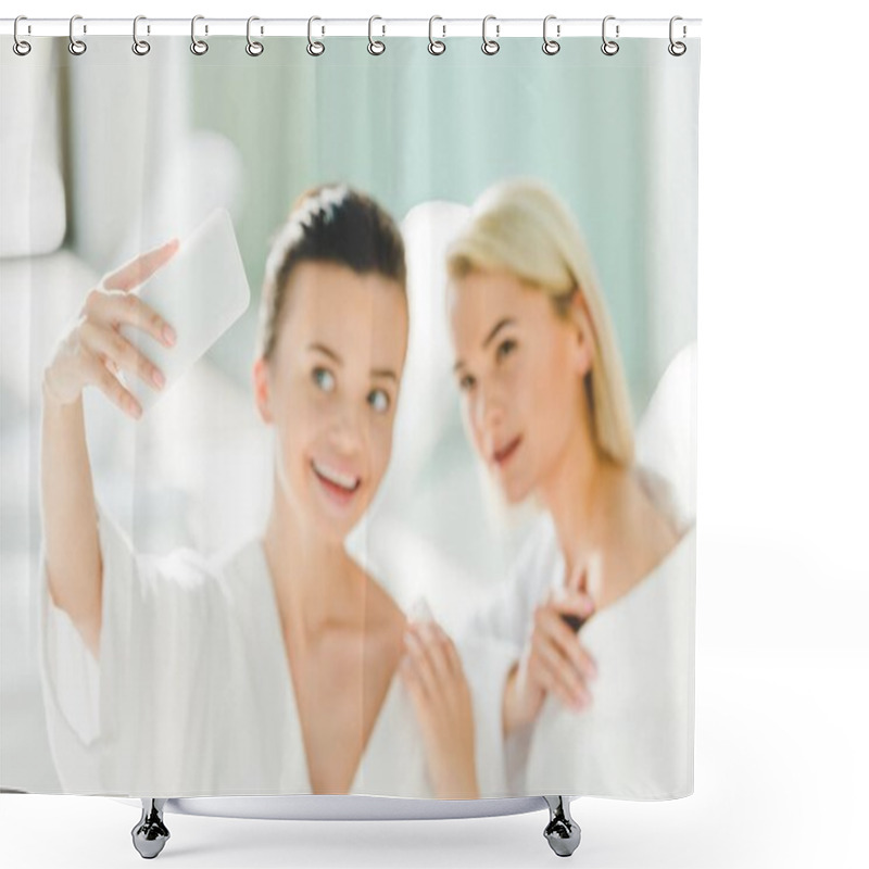 Personality  Happy Young Women In Bathrobes Taking Selfie At Spa Center Shower Curtains