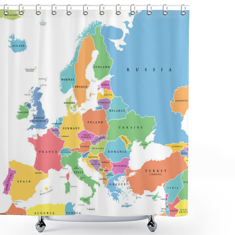 Personality  Europe With A Part Of The Middle East Countries, Political Map. Western Part Of Continent Eurasia, Located In The Northern Hemisphere. Countries With International Borders And English Labeling. Vector Shower Curtains