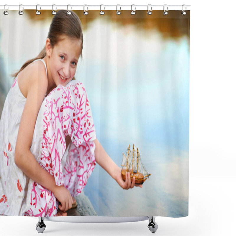 Personality  Girl Child Playing With A Toy Sailing Ship By The River Shower Curtains