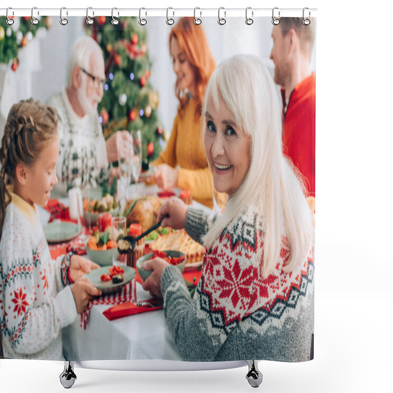 Personality  Selective Focus Of Grandmother Serving Vegetables And Looking At Camera At Home Shower Curtains