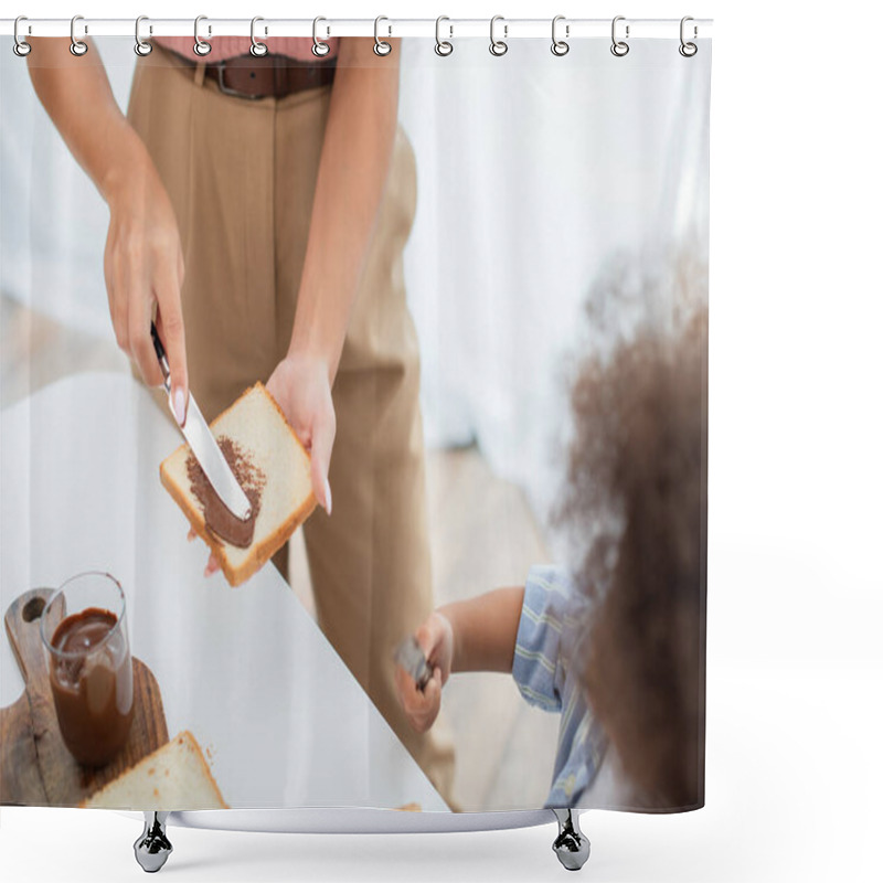 Personality  Cropped View Of African American Woman Spreading Chocolate Paste On Bread Near Blurred Kid  Shower Curtains