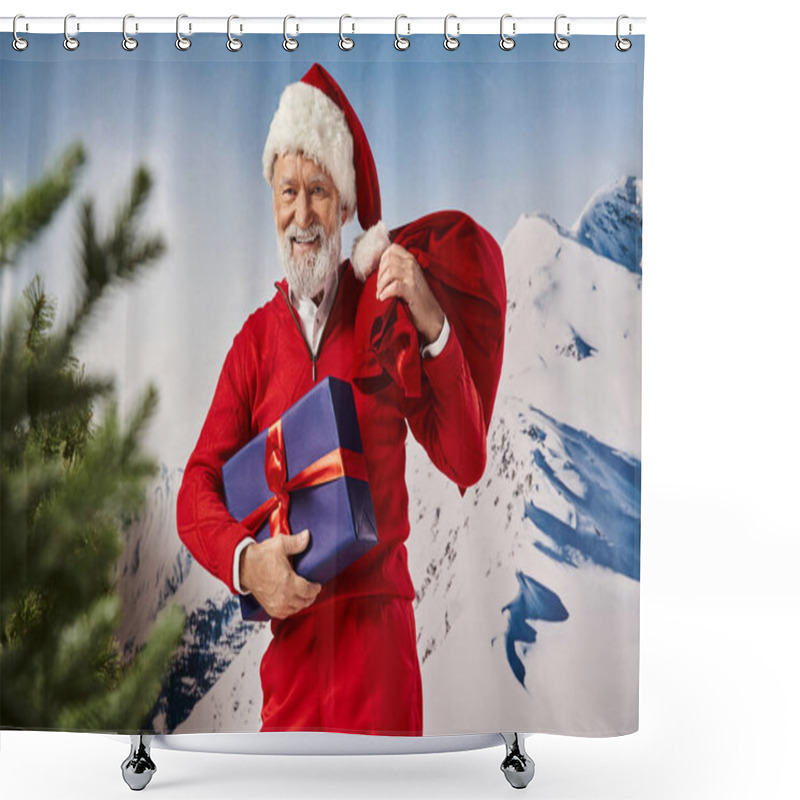 Personality  Joyful Santa In Red Attire Smiling At Camera With Present And Gift Bag In Hands, Winter Concept Shower Curtains