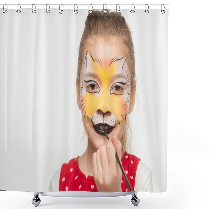 Personality  Cute Kid With Painted Tiger Muzzle On Face Painting On Lips With Paintbrush Isolated On White Shower Curtains