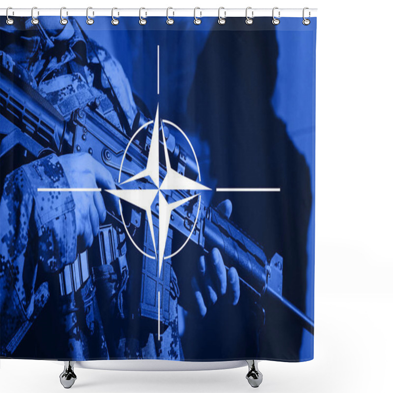 Personality  Soldier With Machine Gun With Flag Of NAtO Alliance Shower Curtains