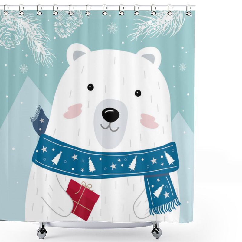 Personality  Christmas And New Year Greeting Card Design Of Polar Bear With Scarf Holding Red Gift Box In The Winter Vector Illustration Shower Curtains