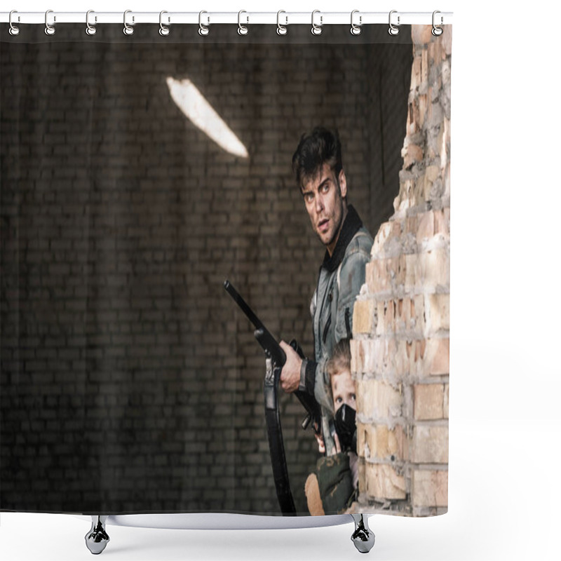 Personality  Handsome Man Holding Gun Near Abandoned Building, Post Apocalyptic Concept Shower Curtains