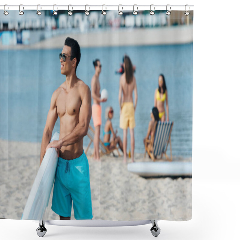 Personality  Handsome Mixed Race Man Holding Surfing Board While Multicultural Friends Resting Near River On Beach Shower Curtains