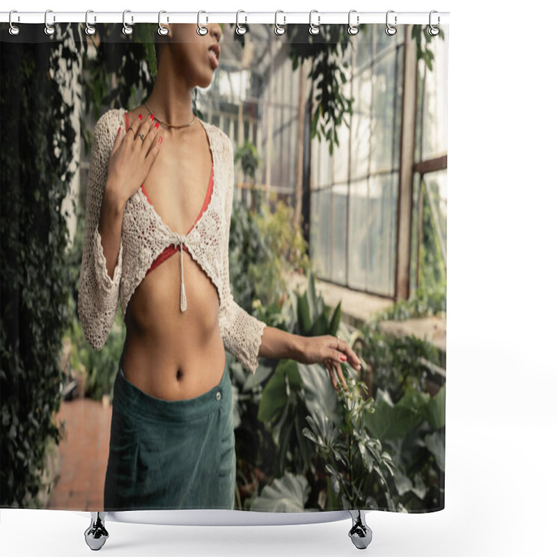 Personality  Cropped View Of Young African American Woman In Stylish Summer Knitted Top And Skirt Touching Chest While Standing Near Plants In Blurred Greenhouse, Stylish Lady Surrounded By Lush Greenery Shower Curtains