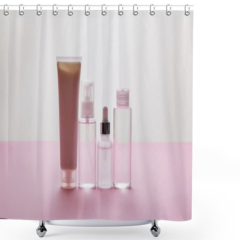 Personality  Set Of Cosmetic Bottles And Cosmetic Cream Tube On Pink And Grey Background Shower Curtains