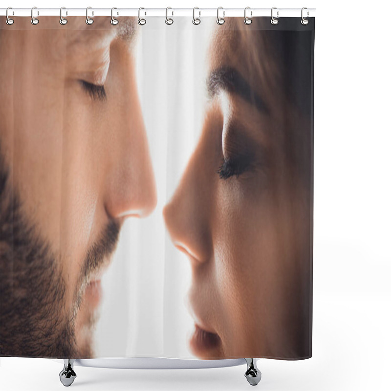 Personality  Cropped View Of Couple With Closed Eyes Isolated On White Shower Curtains