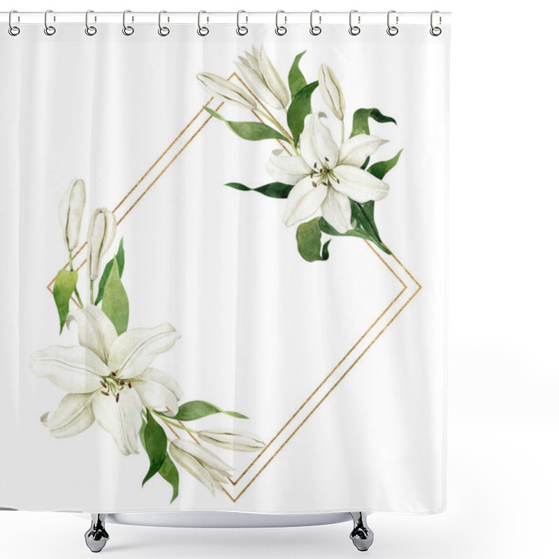 Personality  Watercolor White Lilies With Square Golden Geometric Frame Isolated On White Background. Hand Drawn Clipart For Wedding Invitations, Greeting Cards, Birthday Invitations. Shower Curtains