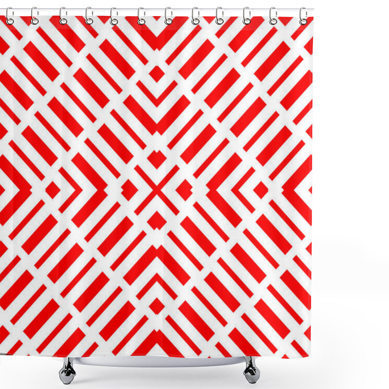 Personality  Repeated Red Geometric Figures On White Background. Seamless Surface Pattern Design With Symmetrical Rectangles And Brackets Ornament. Polygons Wallpaper. Diagonal Dashed Lines Motif. Digital Paper Shower Curtains