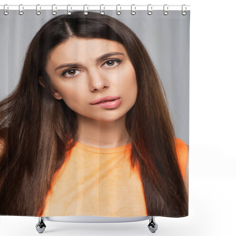 Personality  Pensive Young Woman Biting Lip And Looking At Camera Isolated On Grey Shower Curtains