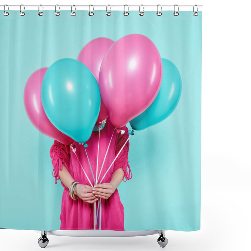 Personality  Gorgeous Young Woman In Party Outfit Holding Bunch Of Colourful Balloons, Isolated Over Pastel Blue Colored Background. Birthday Party Concept. Shower Curtains