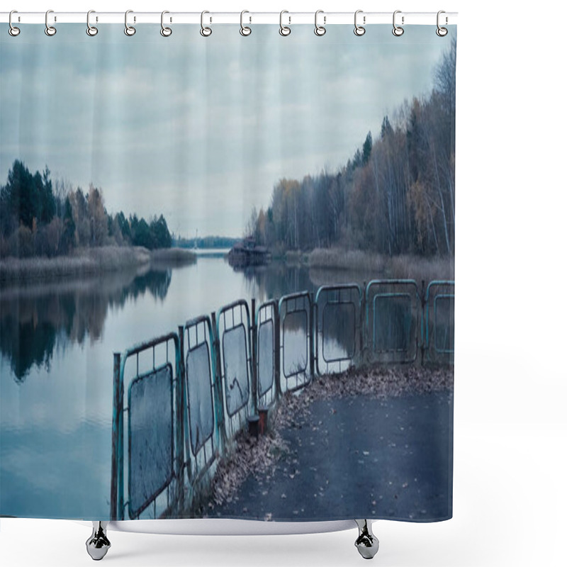 Personality  Pripyat River And Embankment With Rusty Fence Under Grey Cloudy Sky In Chernobyl Exclusion Zone Shower Curtains