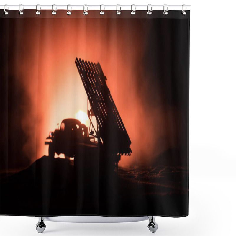 Personality  Rocket Launch With Fire Clouds. Battle Scene With Rocket Missiles With Warhead Aimed At Gloomy Sky At Night. Soviet Rocket Launcher On War Background. Shower Curtains