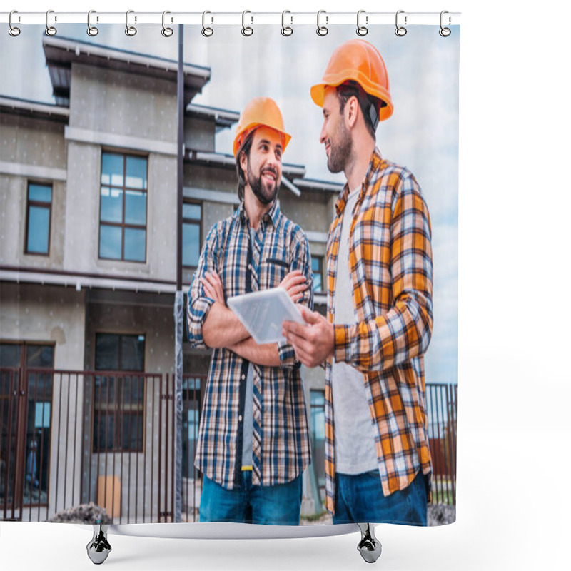 Personality  Happy Architects Using Digital Tablet At Construction Site Shower Curtains