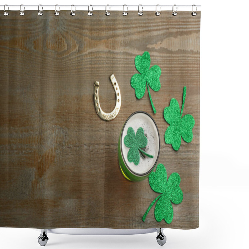 Personality  Green Beer, Horseshoe And Clover Leaves On Wooden Table, Flat Lay With Space For Text. St. Patrick's Day Celebration Shower Curtains