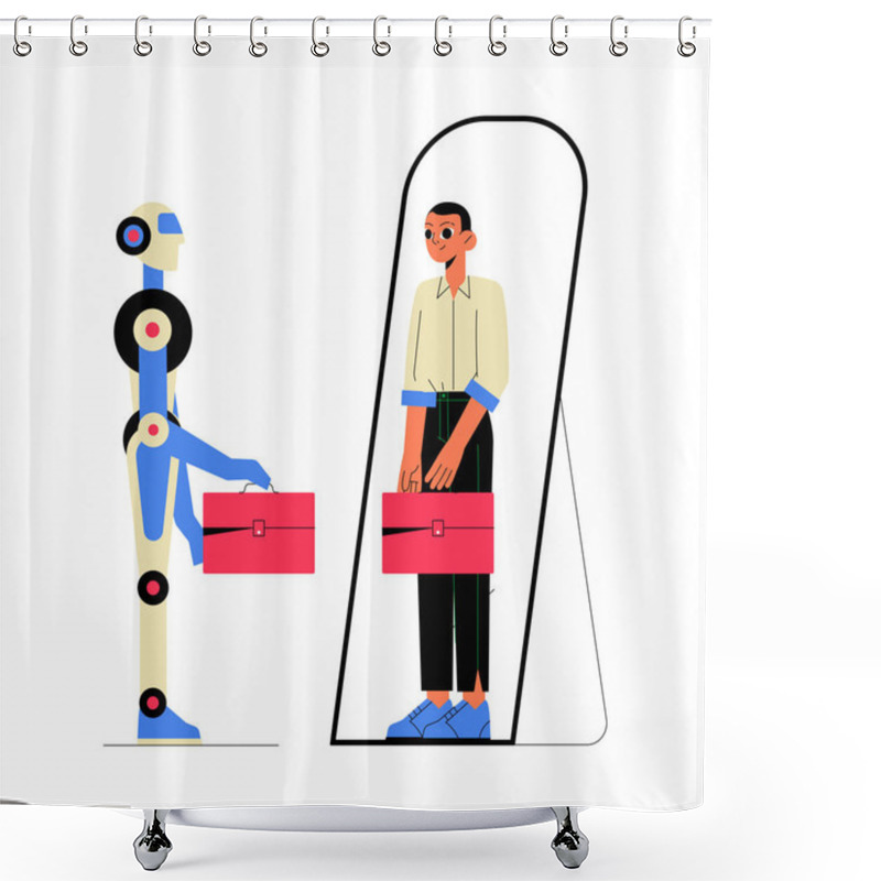 Personality  A Robot Holds A Briefcase Facing A Human Reflection In A Mirror, Symbolizing The Impact Of AI On Employment, Automation, And Job Replacement In Modern Industries. Shower Curtains