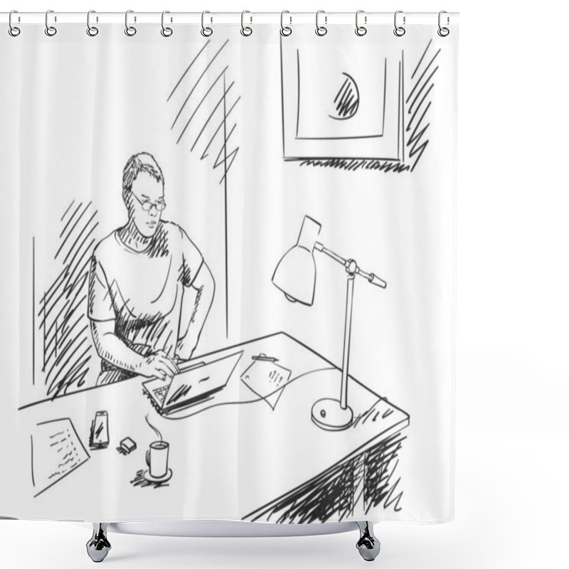 Personality  Sketch Of Man Working From Home On Laptop With Table Lamp, Coffee Cup, Smartphone And Papers On His Desk. Hand Drawn Vector Illustration With Hatched Shades Shower Curtains