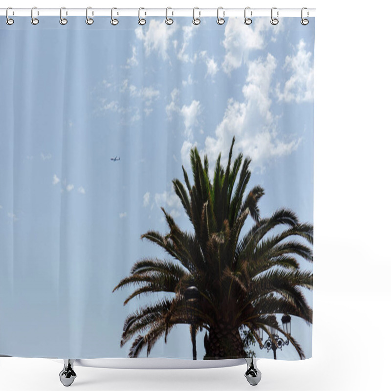 Personality  Low Angle View Of Palm Tree And Airplane In Sky With Clouds Shower Curtains