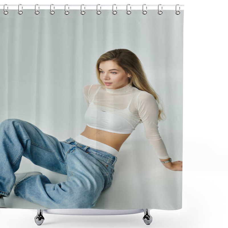 Personality  A Young Woman In A Stylish Outfit Sits On The Floor, Looking Serene And Thoughtful In California. Shower Curtains