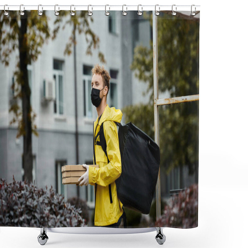 Personality  A Delivery Man Wearing A Black Medical Mask Carries Packages Into An Office Building On A Rainy Day. Shower Curtains