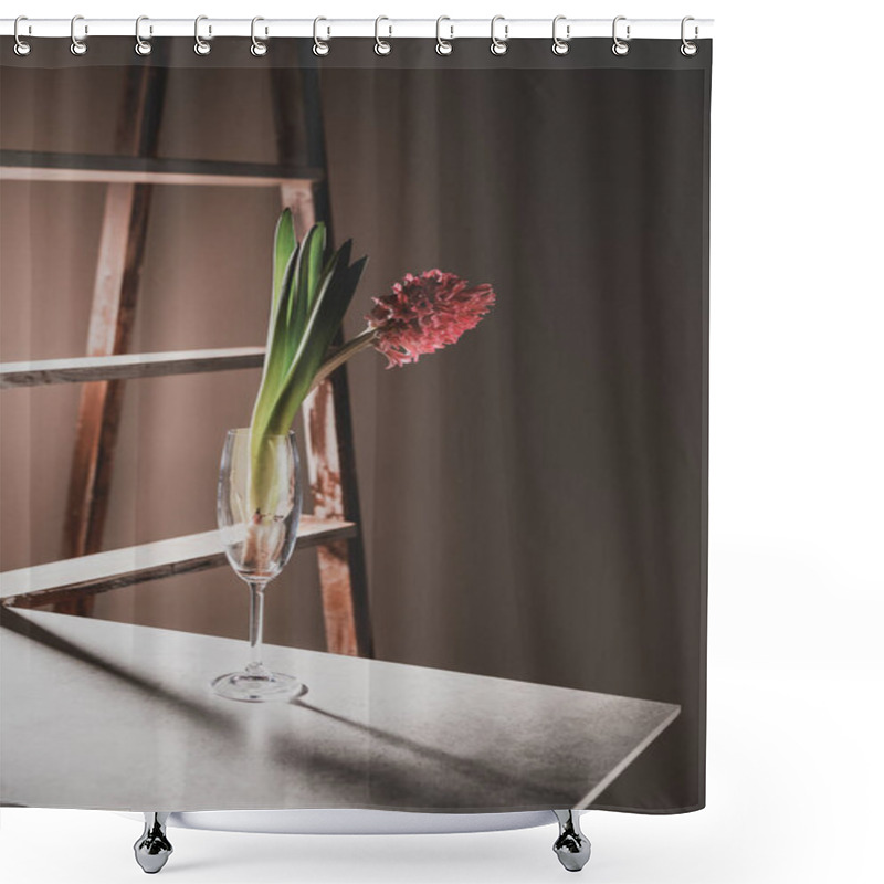 Personality  Pink Hyacinth Flowers In Champagne Glass On Stone Table With Wooden Ladder On Background Shower Curtains