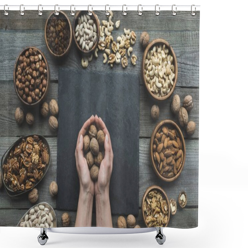 Personality  Walnuts In Hands Shower Curtains