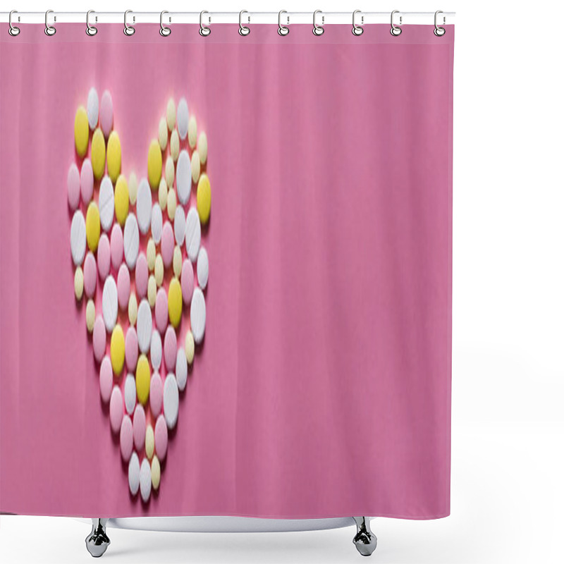 Personality  Flat Lay View Of Different Round Pills In Shape Of Heart On Pink Background, Banner Shower Curtains