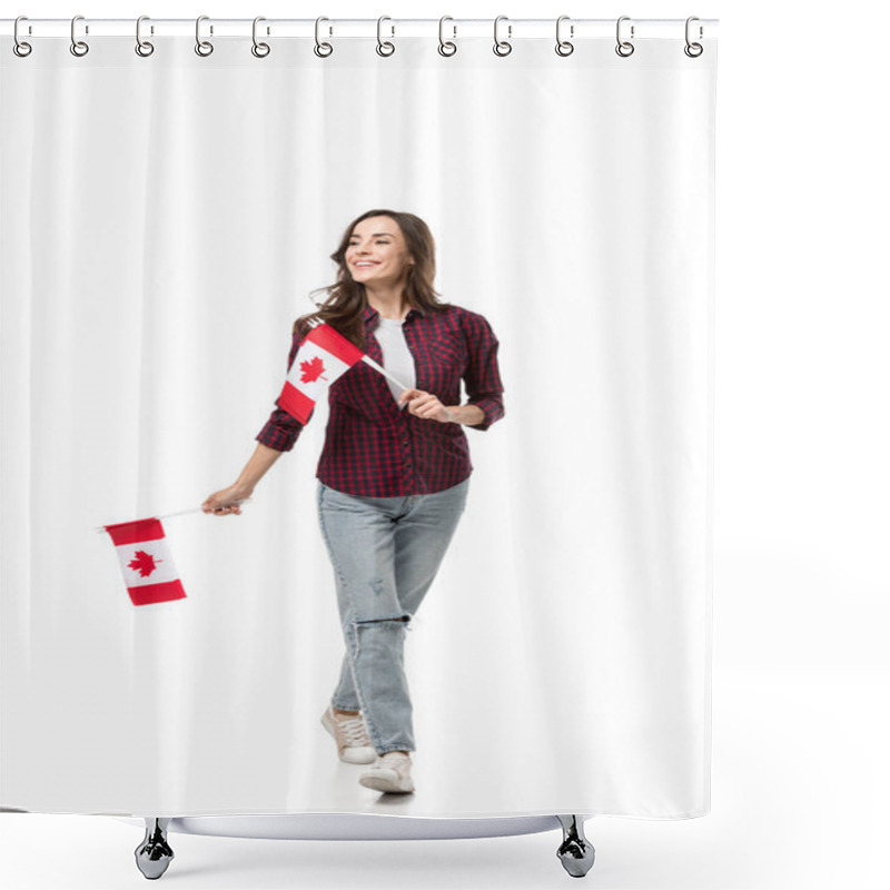 Personality  Beautiful Woman Holding Canadian Flags Isolated On White Shower Curtains