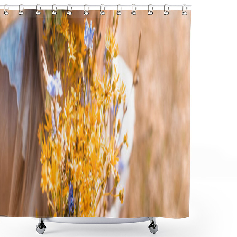 Personality  Cropped View Of Woman Holding Bouquet Of Wildflowers, Website Header Shower Curtains