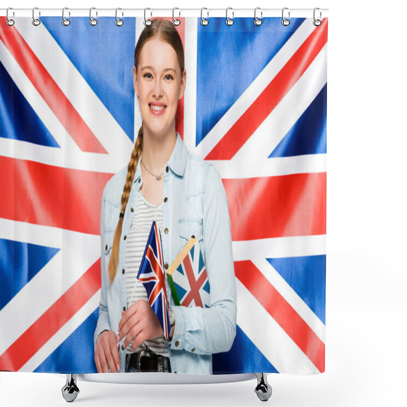 Personality  Smiling Pretty Girl With Braid Holding Book On Uk Flag Background Shower Curtains