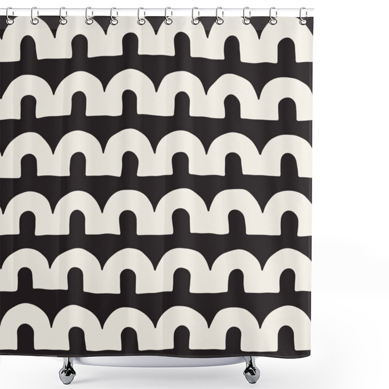 Personality  Monochrome Minimalistic Tribal Seamless Pattern With Arc Lines. Vector Background With Inky Black Art On White Rounded Stripe. Shower Curtains