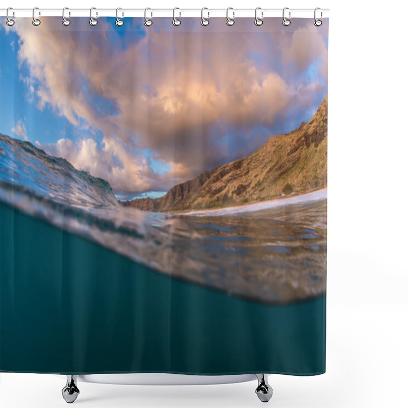 Personality  View From Ocean Underwater To A Shore With Mountain In Sunset Light Shower Curtains