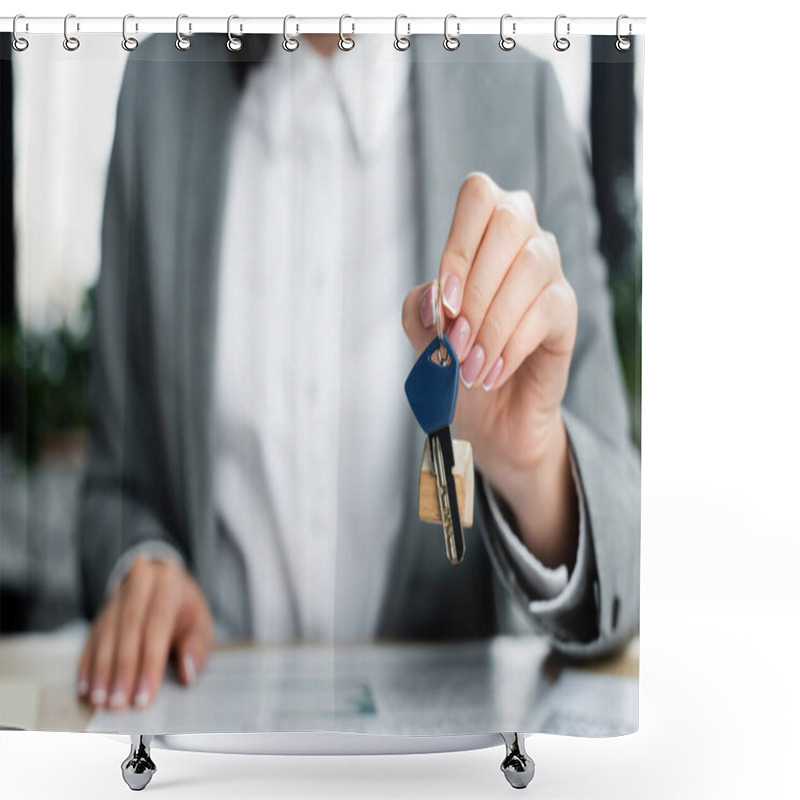 Personality  Cropped View Of Businesswoman Holding Key With Key Chain Shower Curtains