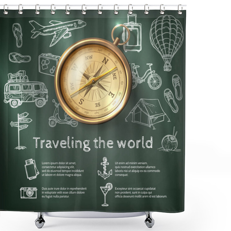 Personality  World Travel Poster With Compass Shower Curtains