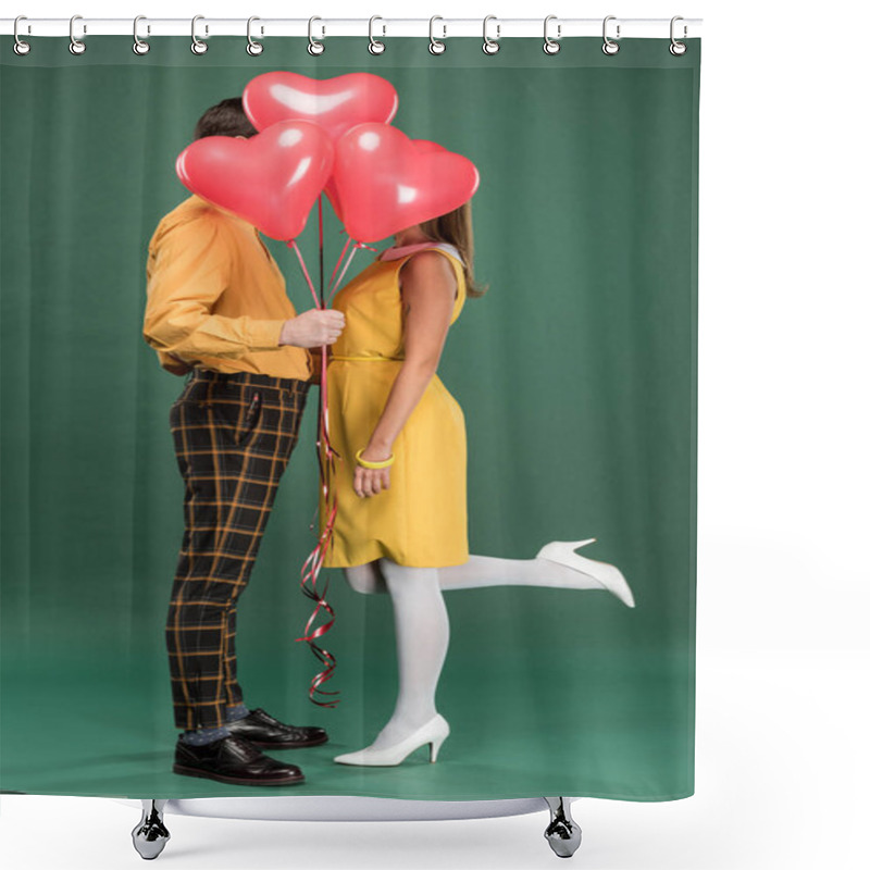 Personality  Couple Covering Faces With Heart Shaped Balloons On Green Background Shower Curtains