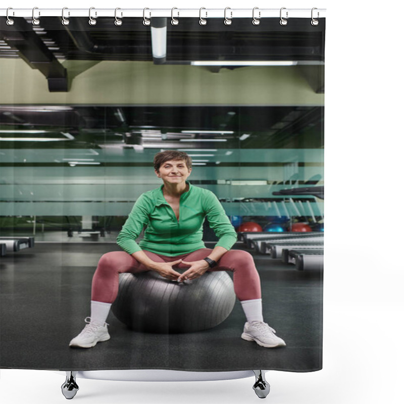 Personality  Happy Elderly Woman Sitting On Fitness Ball, Looking At Camera After Workout, Fitness And Sport Shower Curtains