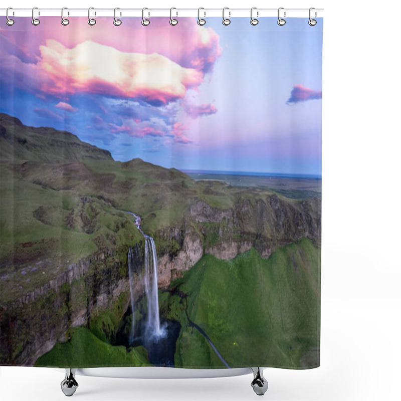 Personality  Aerial View Of Serene Seljalandsfoss Waterfall Cascades Over Lush Greenery, Surrounded By Dramatic Cliffs Under A Breathtakingly Vibrant Sunset Sky In Area Of Golden Circle In Iceland Shower Curtains