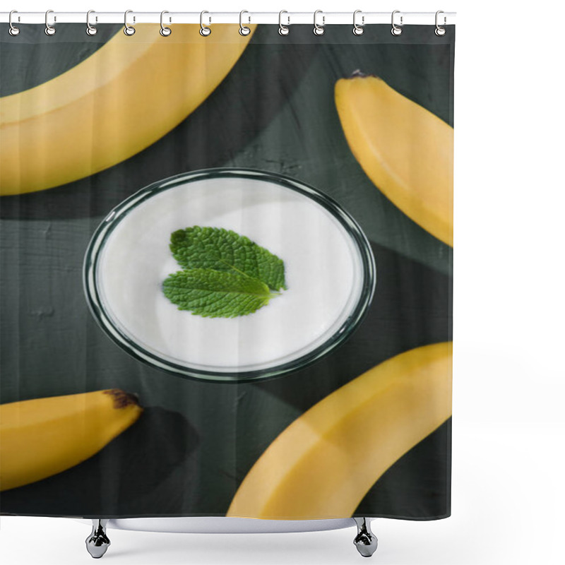 Personality  Top View Of Bananas And Milkshake With Mint On Table Shower Curtains