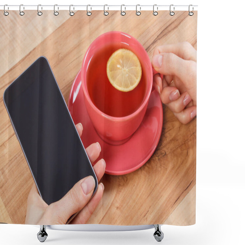 Personality  Hand Of Woman Touching Blank Screen Of Mobile Phone, Cup Of Tea Shower Curtains