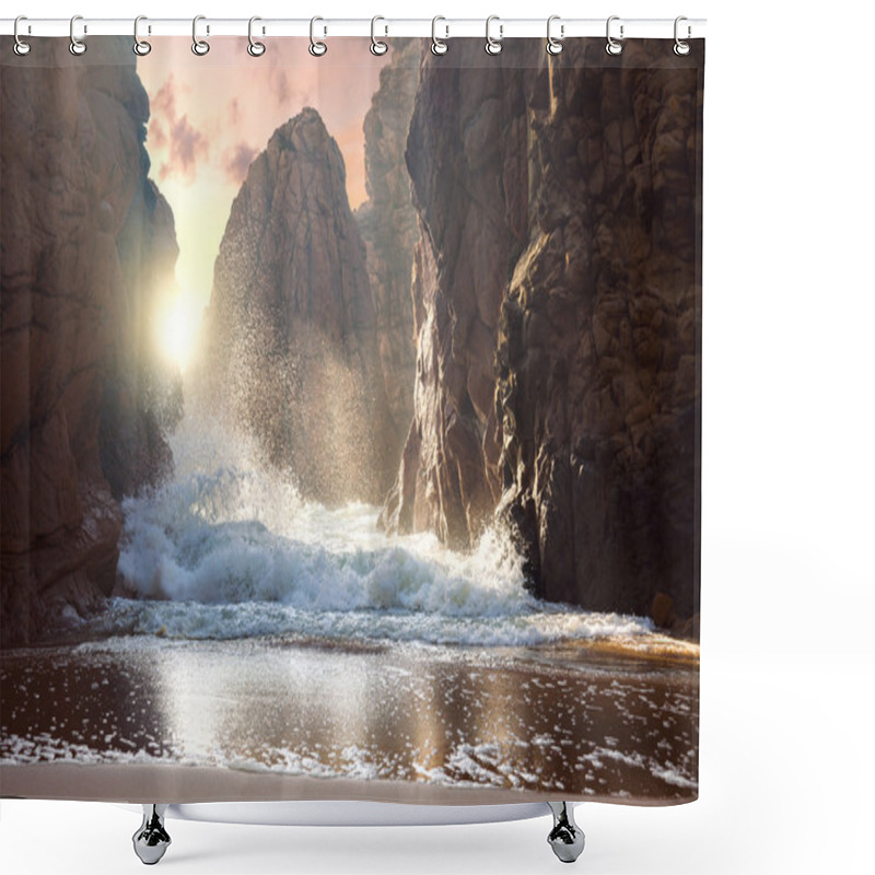 Personality   Big Rocks And Ocean Waves At Sundown  Shower Curtains