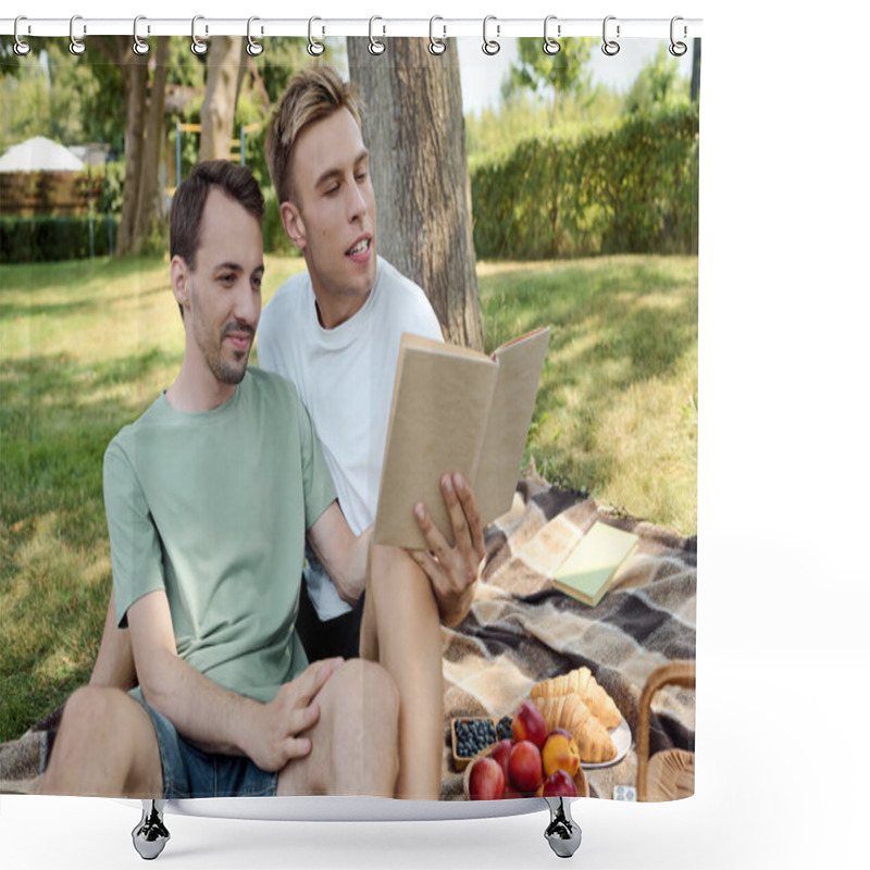 Personality  A Charming Couple Relaxes On A Picnic Blanket, Sharing A Book And Enjoying The Beautiful Outdoors. Shower Curtains