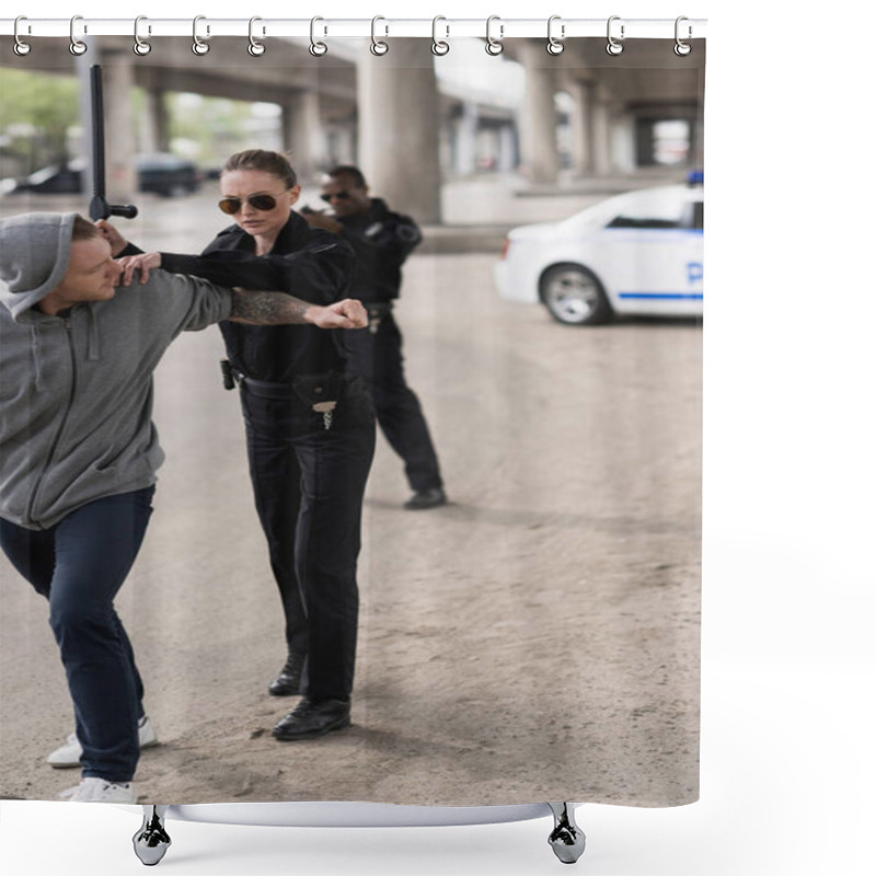 Personality  Policewoman With Truncheon Arresting Bandit And Policeman Standing Behind And Aiming By Handgun  Shower Curtains