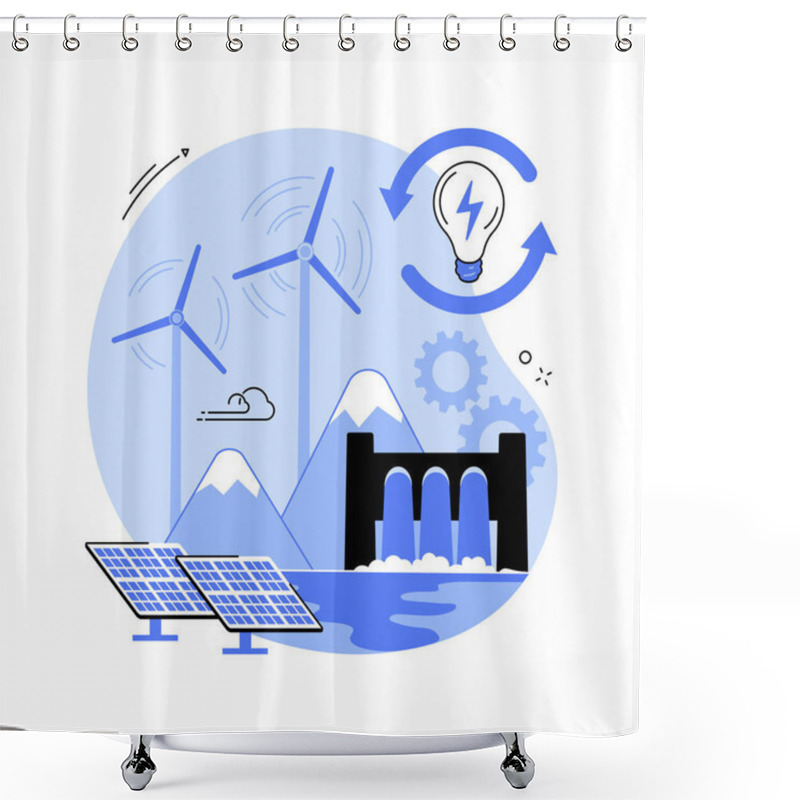 Personality  Sustainable Energy Abstract Concept Vector Illustration. Future Oriented, Smart Clean Green Energy, Eco System, Light Bulb, Renewable Sources, Wind Turbine, Solar Panels Abstract Metaphor. Shower Curtains