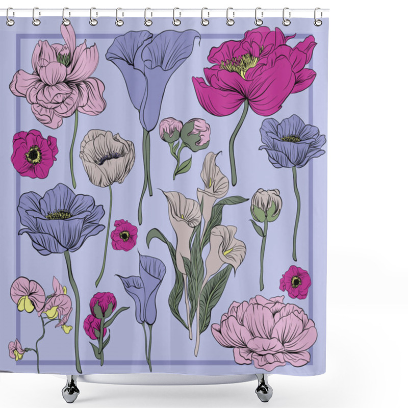 Personality  Colorful Silk Scarf With Flowering Poppie, Orhid And Peonies. Green, Pink, Violet On Violet. Shower Curtains