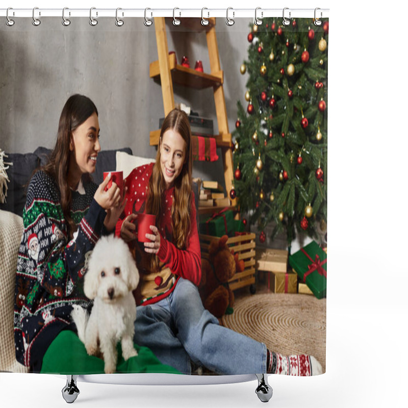 Personality  Two Friends Enjoy Hot Cocoa And Laughter With Their Fluffy Dog In A Warm Christmas Atmosphere. Shower Curtains