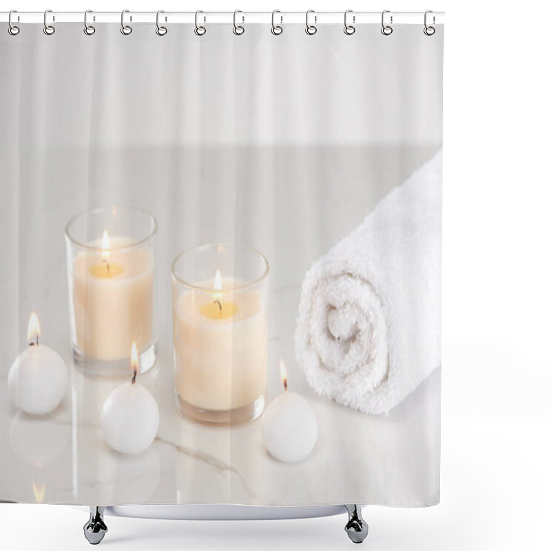 Personality  Burning White Candles In Glass And Rolled Towel On Marble White Surface Shower Curtains